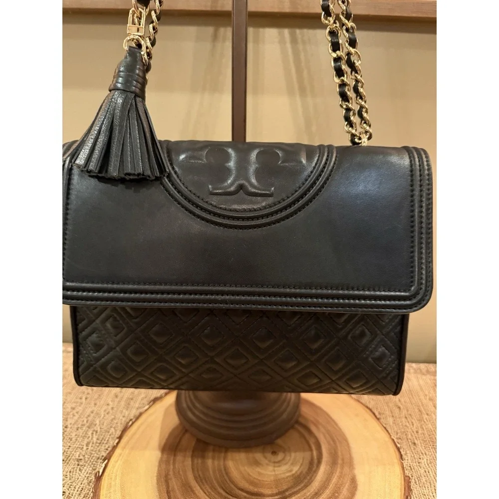 Tory Burch Fleming Black Leather Convertible Shoulder‎ Bag Quilted Tassel Large